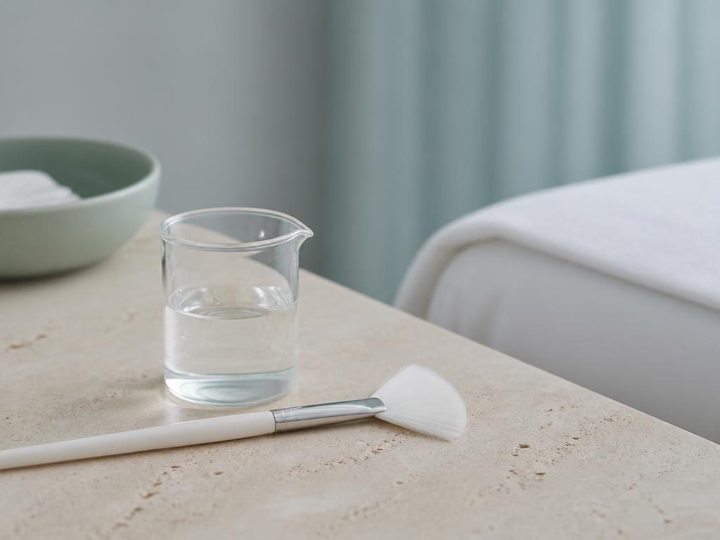 Beaker of clear peel solution with a fan brush on a sand-toned counter