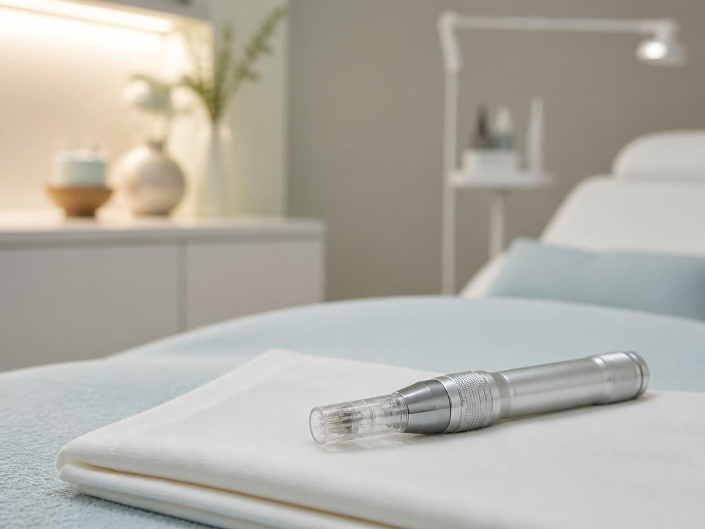 Sterile microneedling pen resting on white linen in a treatment room