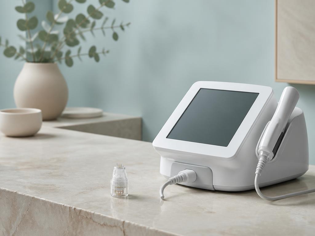 RF microneedling console and cartridge tip on a pale stone counter